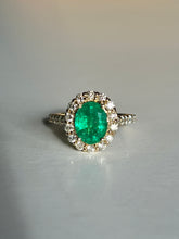 Load image into Gallery viewer, Nessi Emerald Diamond Halo Ring 2.82 ctw