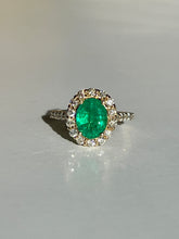Load image into Gallery viewer, Nessi Emerald Diamond Halo Ring 2.82 ctw
