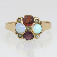 Load image into Gallery viewer, Antique 14k Gold Art Deco Ruby Garnet Opal and Pearl Flower Cluster Ring