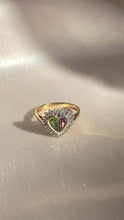 Load and play video in Gallery viewer, Vintage 9k Pink Green Tourmaline Diamond Heart Ring 1985