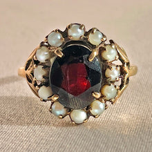 Load image into Gallery viewer, Antique 9k Garnet Pearl Halo Cluster RIng