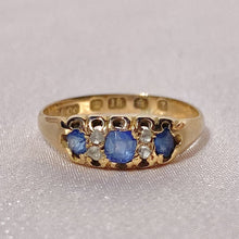 Load image into Gallery viewer, Antique 18k Sapphire Diamond Gypsy Boat Ring 1924