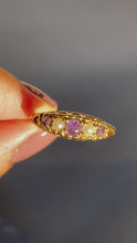 Load and play video in Gallery viewer, Vintage 9k Pearl Amethyst Heart Boat Ring