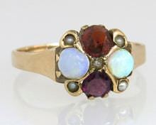 Load image into Gallery viewer, Antique 14k Gold Art Deco Ruby Garnet Opal and Pearl Flower Cluster Ring