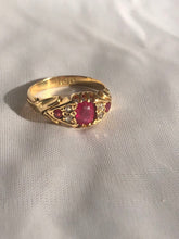 Load image into Gallery viewer, Vintage 18k Gold Diamond Ruby Gypsy Boat Ring 1909