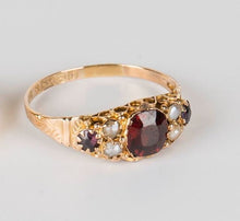 Load image into Gallery viewer, Antique Edwardian Garnet Pearl Amethyst 9k Gold Ring