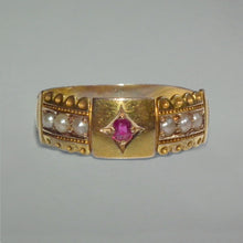 Load image into Gallery viewer, Antique Ruby Pearl Gypsy 15k Gold 1896 Ring
