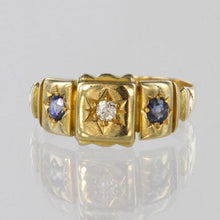 Load image into Gallery viewer, Antique 18k Diamond Sapphire Gypsy Ring