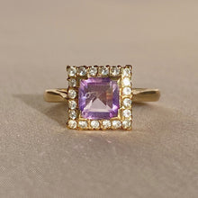Load image into Gallery viewer, Vintage 9k Square Amethyst Diamond Ring 1964