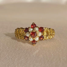 Load image into Gallery viewer, Vintage 9k Garnet Pearl Cluster Heart Ring 1970