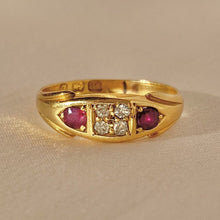 Load image into Gallery viewer, Antique 18k Diamond Ruby Gypsy Boat Ring 1899