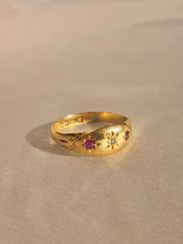 Load image into Gallery viewer, Antique 18k Ruby Diamond Gypsy Starburst Trilogy Ring 1910