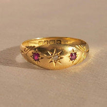 Load image into Gallery viewer, Antique 18k Ruby Diamond Gypsy Starburst Trilogy Ring 1910