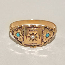 Load image into Gallery viewer, Antique 10k Turquoise Pearl Gypsy Trilogy Ring