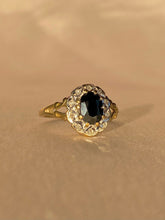 Load image into Gallery viewer, Vintage 9k Sapphire Diamond Halo Ring 1988