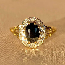 Load image into Gallery viewer, Vintage 9k Sapphire Diamond Halo Ring 1988