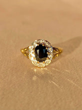 Load image into Gallery viewer, Vintage 9k Sapphire Diamond Halo Ring 1988