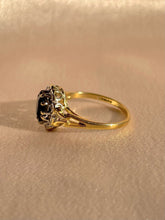 Load image into Gallery viewer, Vintage 9k Sapphire Diamond Halo Ring 1988