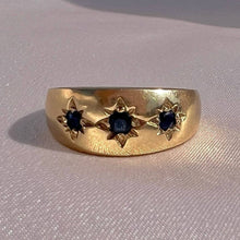 Load image into Gallery viewer, Vintage 9k Sapphire Trilogy Wide Gypsy Ring