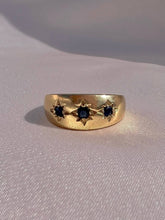 Load image into Gallery viewer, Vintage 9k Sapphire Trilogy Wide Gypsy Ring