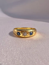 Load image into Gallery viewer, Antique 18k Sapphire Diamond Trilogy Gypsy Ring 1897