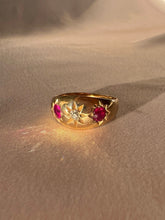 Load image into Gallery viewer, Antique 18k Diamond Ruby Starburst Trilogy Ring 1913