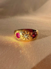 Load image into Gallery viewer, Antique 18k Diamond Ruby Starburst Trilogy Ring 1913