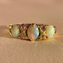 Load image into Gallery viewer, Antique 18k Opal Diamond Filigree Boat Ring