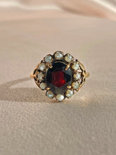 Load image into Gallery viewer, Antique 9k Garnet Pearl Halo Cluster RIng
