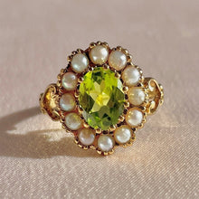 Load image into Gallery viewer, Vintage 9k Peridot Pearl Halo Cluster 1994