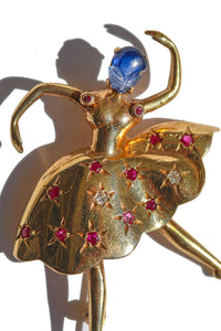 Vintage 14k Ruby Sapphire Diamond Ballerina Starburst Brooch