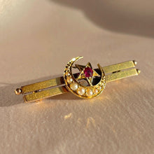 Load image into Gallery viewer, Antique 15k Ruby Pearl Crescent Star Brooch 1800s