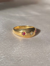 Load image into Gallery viewer, Antique 18k Ruby Diamond Gypsy Starburst Trilogy Ring 1916