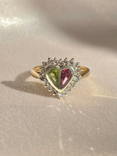 Load image into Gallery viewer, Vintage 9k Pink Green Tourmaline Diamond Heart Ring 1985