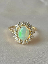 Load image into Gallery viewer, 14k Opal Cabochon Diamond Halo Cluster Ring