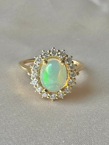 14k Opal Cabochon Diamond Halo Cluster Ring