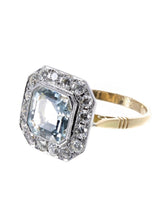Load image into Gallery viewer, Vintage 18k Platinum Asscher Aquamarine Diamond Ring