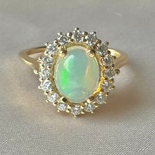 Load image into Gallery viewer, 14k Opal Cabochon Diamond Halo Cluster Ring