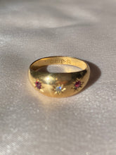 Load image into Gallery viewer, Antique 18k Ruby Diamond Gypsy Starburst Trilogy Ring 1916