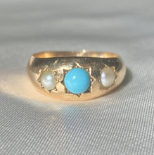 Load image into Gallery viewer, Antique 9k Rose Gold Turquoise Pearl Gypsy Ring 1902