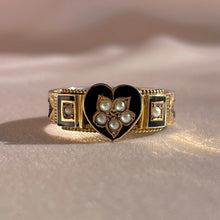 Load image into Gallery viewer, Antique 9k Pearl Enamel Heart Ring 1896