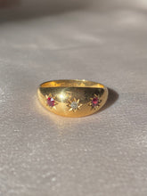 Load image into Gallery viewer, Antique 18k Ruby Diamond Gypsy Starburst Trilogy Ring 1916