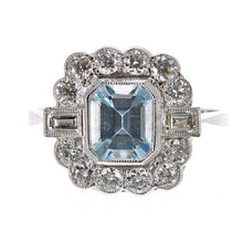 Load image into Gallery viewer, Vintage Platinum Aquamarine Diamond Cluster Ring