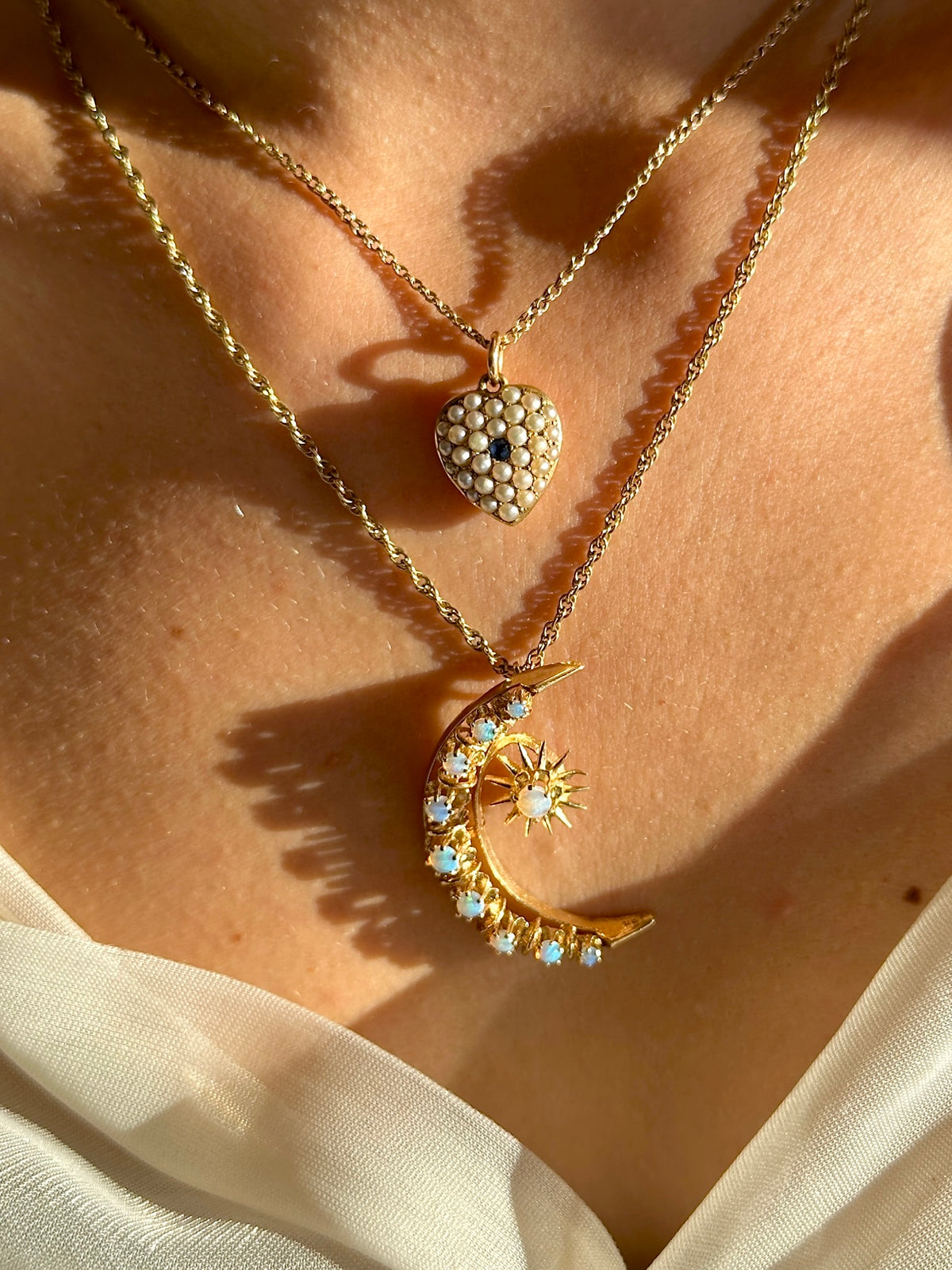 Antique Pearl Sapphire Heart Locket Necklace