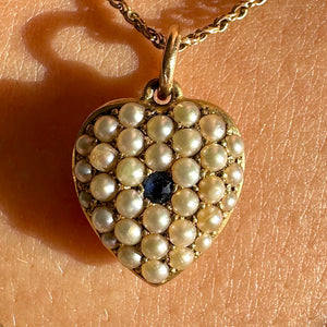 Antique Pearl Sapphire Heart Locket Necklace