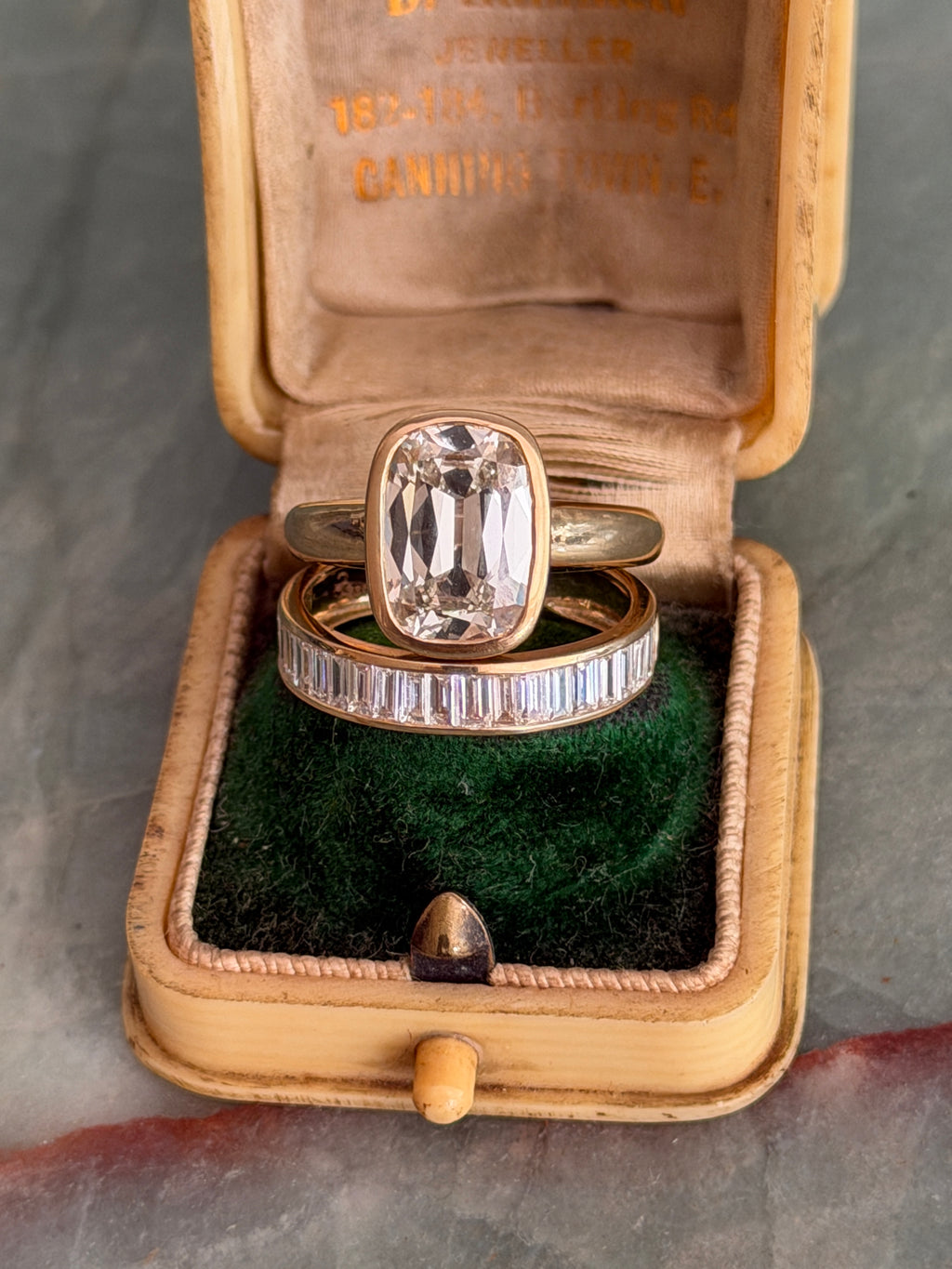 Antique Cushion Bezel Ring & Baguette Band Set by 23carat