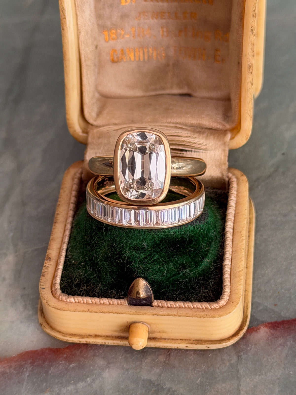Antique Cushion Bezel Ring & Baguette Band Set by 23carat