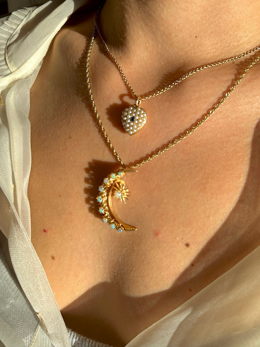 Antique 14k Opal Cabochon Crescent Star Necklace