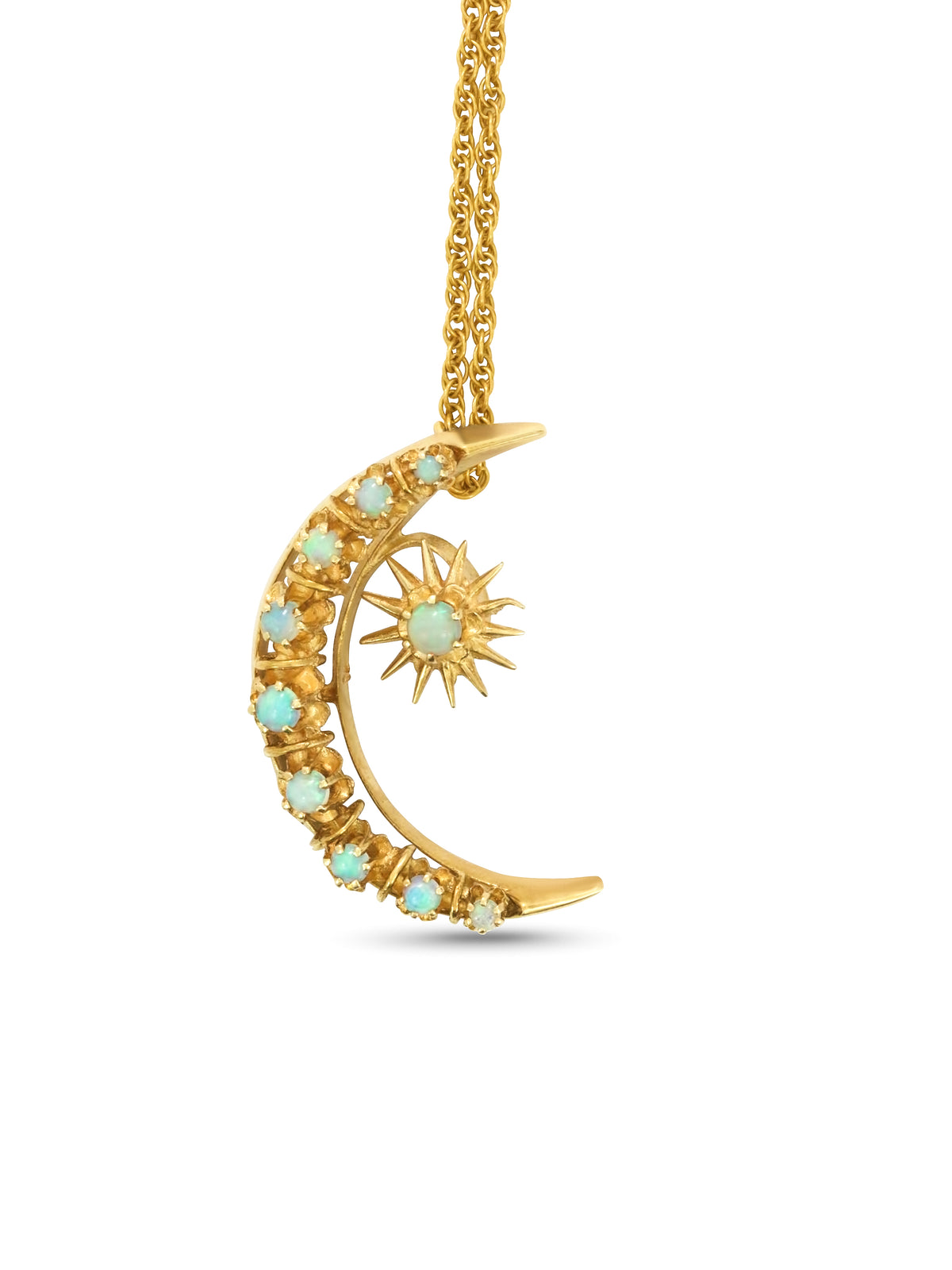 Antique 14k Opal Cabochon Crescent Star Necklace