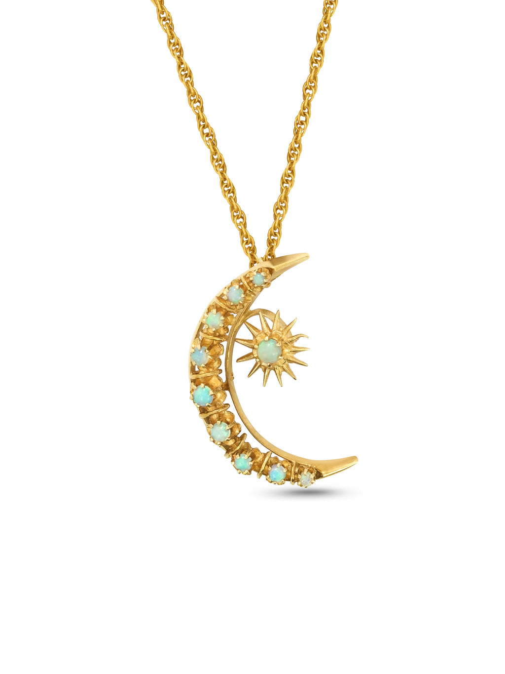 Antique 14k Opal Cabochon Crescent Star Necklace